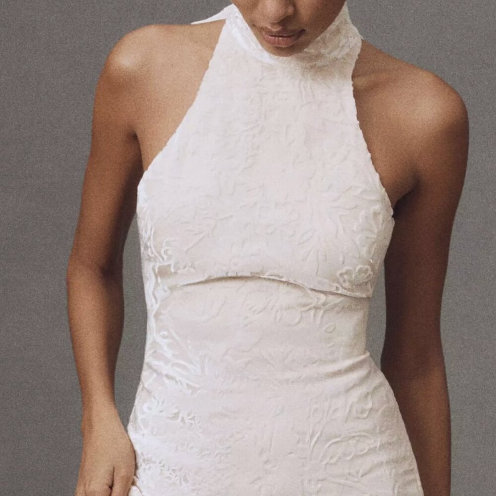 BHLD High-Neck Velvet Scallop-Hem Maxi Dress